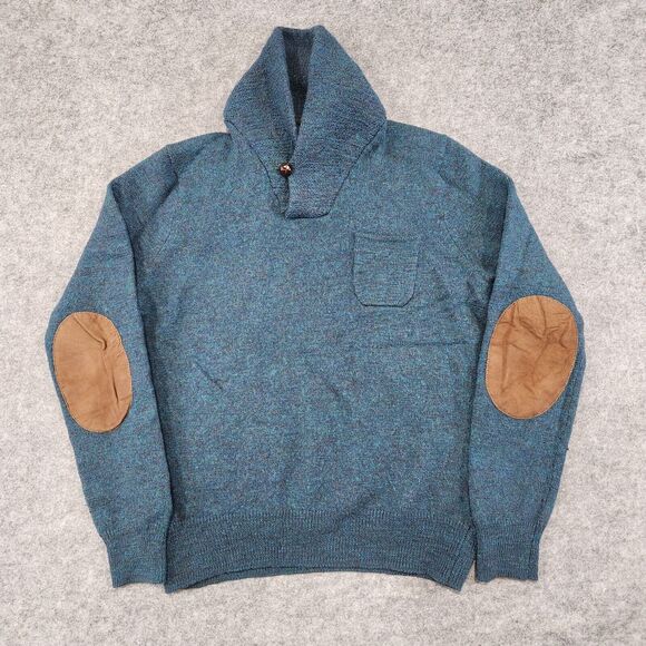 J Crew Women Merino Wool Slim Blue Shawl Collar Leather Elbow Patch Sweater READ - Picture 3 of 12